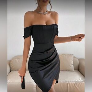Chic BlacknSatin Off Shoulder Dress